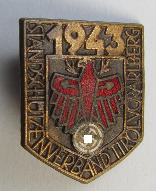 Attractive - and unusally seen! - multi-coloured enamelled and very detailed, so-called: 'Gaumeisterabzeichen für Kombinationsschiessen in Bronze 1943 des Standschützenverbandes Tirol-Vorarlberg'