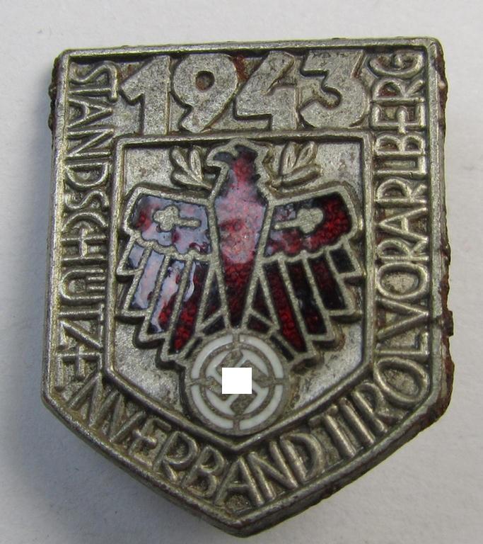 Attractive - and unusally seen! - multi-coloured enamelled and detailed, so-called: 'Gaumeisterabzeichen für Kombinationsschiessen in Silber 1943 des Standschützenverbandes Tirol-Vorarlberg'