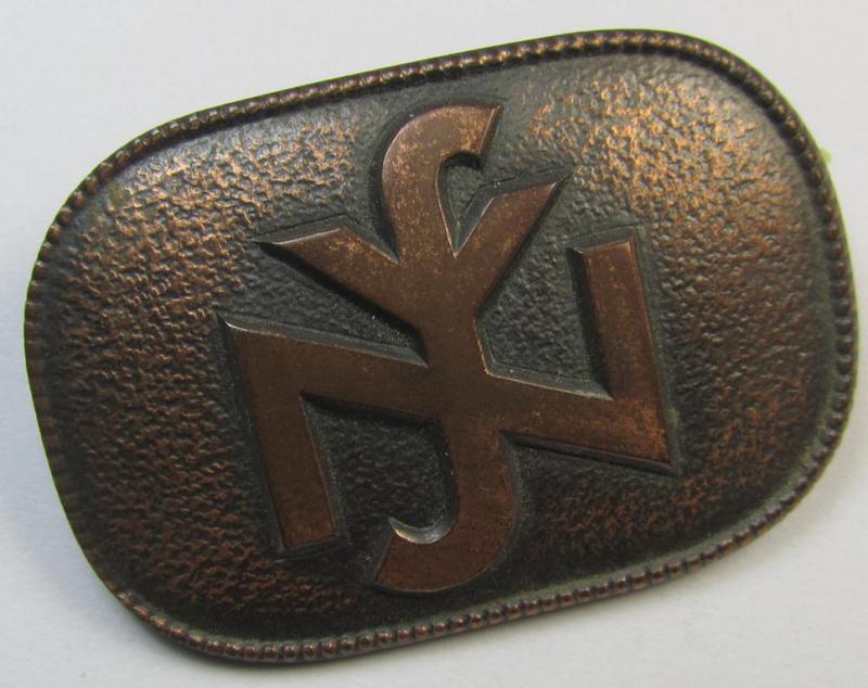 Attractive, so-called: N.S.V. (ie. 'Nationalsocialistische Volkswohlfahrt') membership-lapel-pin (ie. 'Brosche') as executed in bronze-toned 'Buntmetall' as was specifically intended for: 'Staatlich geprüfte Kindergärtnerinnen'
