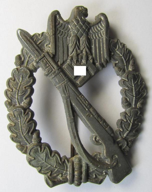 Attractive, 'hollow-back' 'Infanterie Sturmabzeichen in Silber' (or: silver infantry-assault badge ie. IAB) being a non-maker-marked example as executed in zinc-based metal (ie. 'Feinzink') as was produced by the: 'Wilh. Deumer'-company