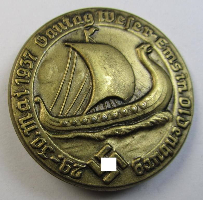 Commemorative, N.S.D.A.P.-related 'tinnie' being a non-maker marked example depicting a detailed viking-ship and swastika and showing the text: 'Gautag Weser-Ems in Oldenburg - 29.-30. Mai 1937'