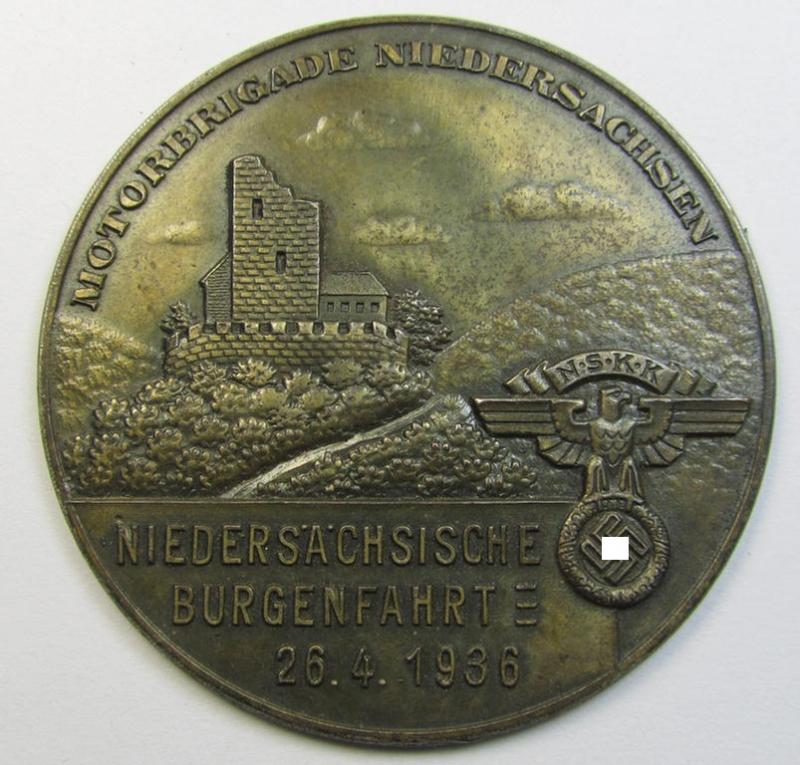 Superb, commemorative N.S.K.K.-related plaque (ie. 'Erinnerungs- o. nichttragbare Auszeichnungsplakette') showing an N.S.K.K.-eagle-device and text: 'Motorbrigade Niedersachsen - Niedersächsische Burgenfahrt - 26.04.1936'