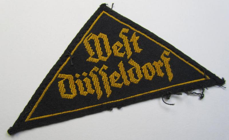 'HJ' ('Hitlerjugend') district-triangle (ie. 'Gebietsdreieck') entitled: 'West Düsseldorf' (being a moderately used- and/or worn example that has lost its once-attached 'RzM'-etiket)