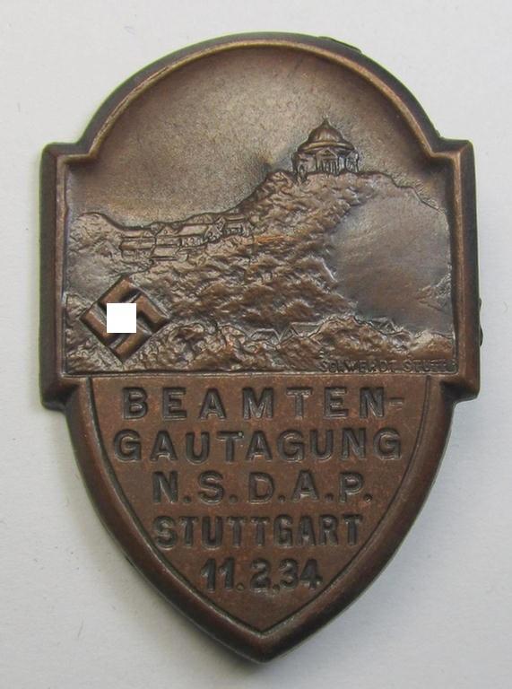 Fairly early-period, zinc-based- ie. copper-toned, N.S.D.A.P.-related day-badge (ie. 'tinnie') as was issued to commemorate an: 'N.S.D.A.P.'-gathering entitled: 'Beambten-Gautagung N.S.D.A.P. - Stuttgart - 11.2.34'