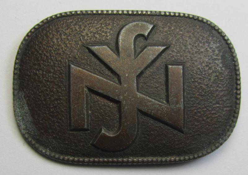 Attractive - albeit worn! - so-called: N.S.V. (ie. 'Nationalsocialistische Volkswohlfahrt') membership-lapel-pin (ie. 'Brosche') as executed in bronze-toned 'Feinzink' as was specifically intended for: 'Staatlich geprüfte Kindergärtnerinnen'