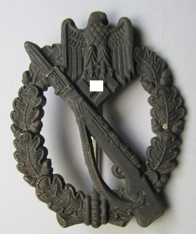 Attractive, 'hollow-back' 'Infanterie Sturmabzeichen in Silber' (or: silver infantry-assault badge ie. IAB) being a non-maker-marked example as executed in zinc-based metal (ie. 'Feinzink') as was produced by the: 'Wilh. Deumer'-company