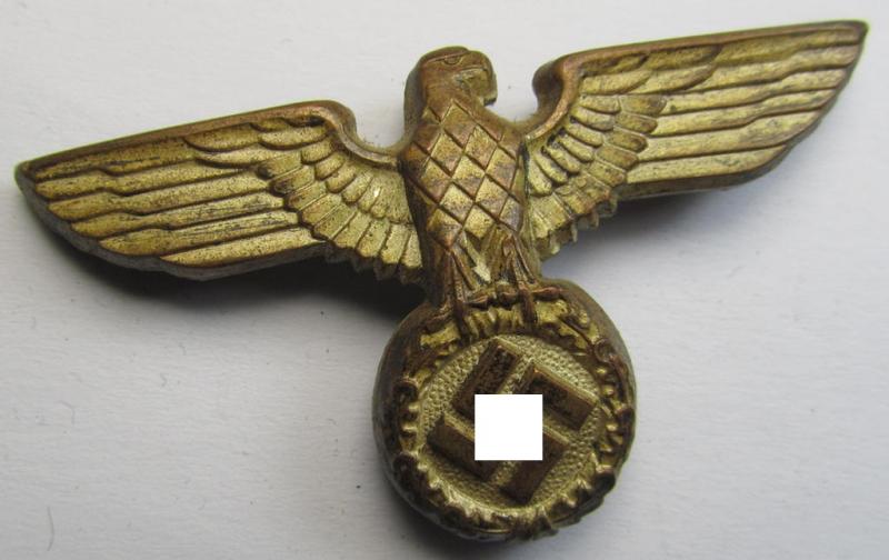 Moderately used, silverish-golden-coloured- (and/or: 'Buntmetall'-based) (political-style) visor- (ie. 'Schirmmützen'-) cap-eagle being a detailed example that is neatly: 'RzM' and/or 'M1/13' marked on its back