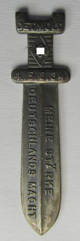 Attractive - and scarcely encountered! - HJ- (Hitlerjugend-) related day-badge (ie. 'tinnie' or: 'Veranstaltungsabzeichen') as was issued to commemorate a specific HJ-related gathering ie. rally held in the town of Detmold on the 4/5-8-1935