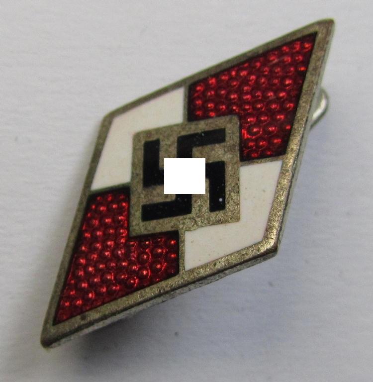 Attractive, HJ (ie. 'Hitlerjugend') enamelled lapel-pin (ie.: 'Raute') being a bright-red-coloured- and/or truly detailed - and untouched! - example showing an: 'RzM - M1/120'-makers'-designation on its back