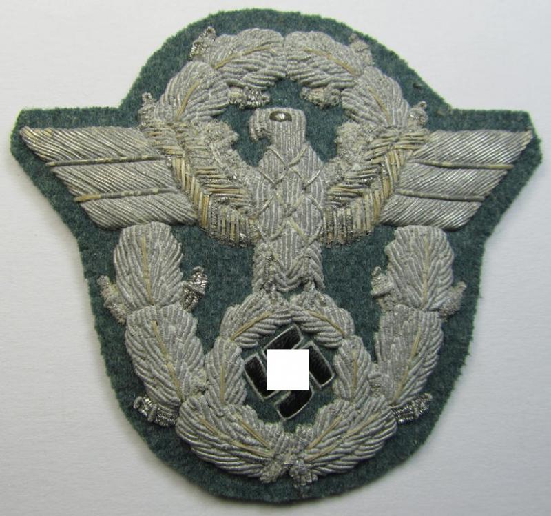 Attractive - and actually fairly scarcely encountered! - neatly hand-embroidered example of an officers'-pattern so-called: 'Polizei' (ie. police) arm-eagle that comes in a minimally used- and/or carefully tunic-removed, condition