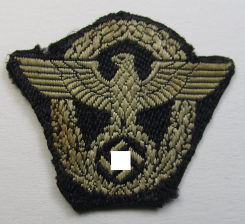 Clearly worn- and/or carefully cap-removed, 'Polizei- o. Waffen-SS'-related so-called: 'BeVo-style-' enlisted-mens'- (ie. NCO-) pattern side-cap eagle as was intended for usage by the various 'Polizei'-soldiers (ie. NCOs) throughout the war