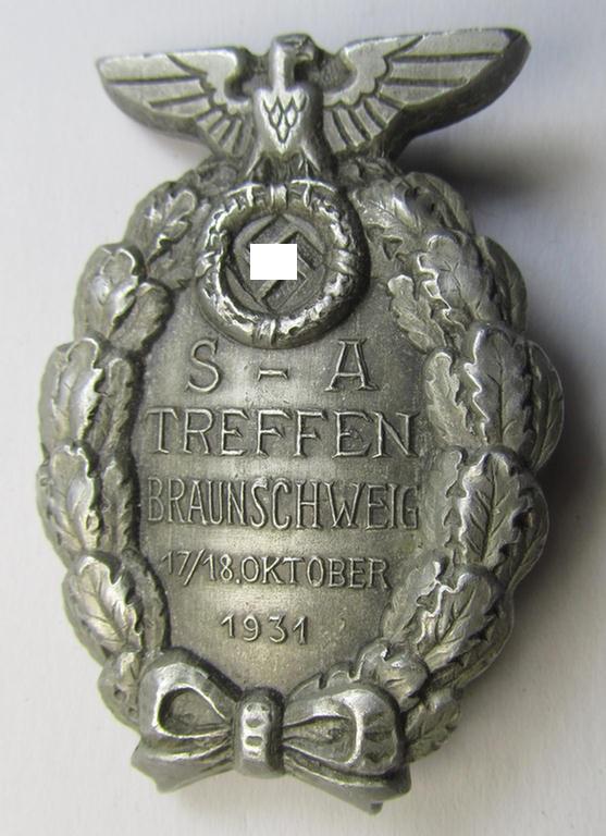Commemorative, 'solid-back'-pattern and aluminium-based: SA- (ie. 'Sturmabteilungen'-) related day-badge (ie. 'tinnie') being a maker- (ie. 'RzM M1/17'-) marked example that is showing the text: 'SA-Treffen Braunschweig - 17./18. Oktober 1931'