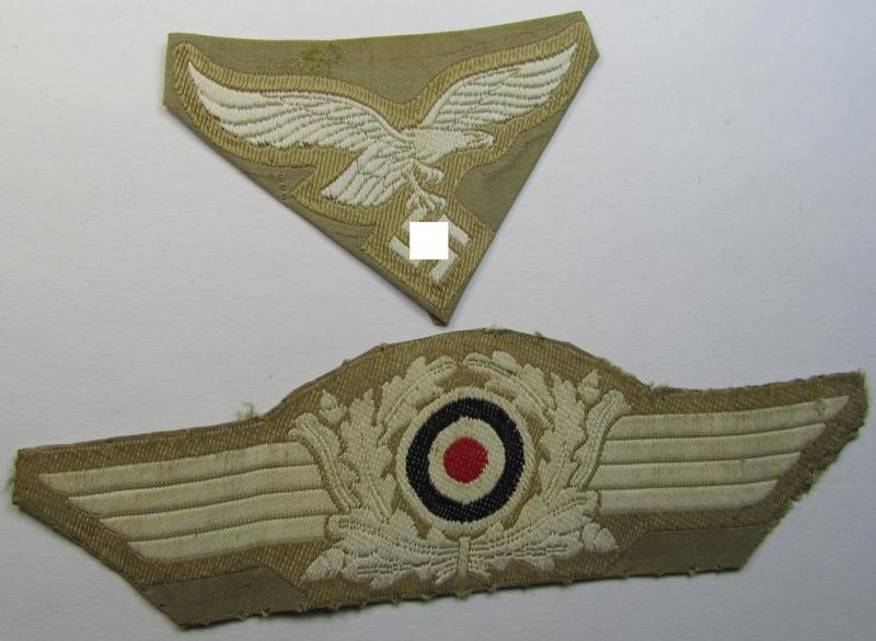 Stunning - and partly cap-removed! - example of the WH (Luftwaffe) neatly 'BeVo'-woven- and/or 'tropical-issued' cap-eagle and cocarde-set as was specifically designed for usage onto the tropical LW so-called: 'Hermann Meyer'-field-caps