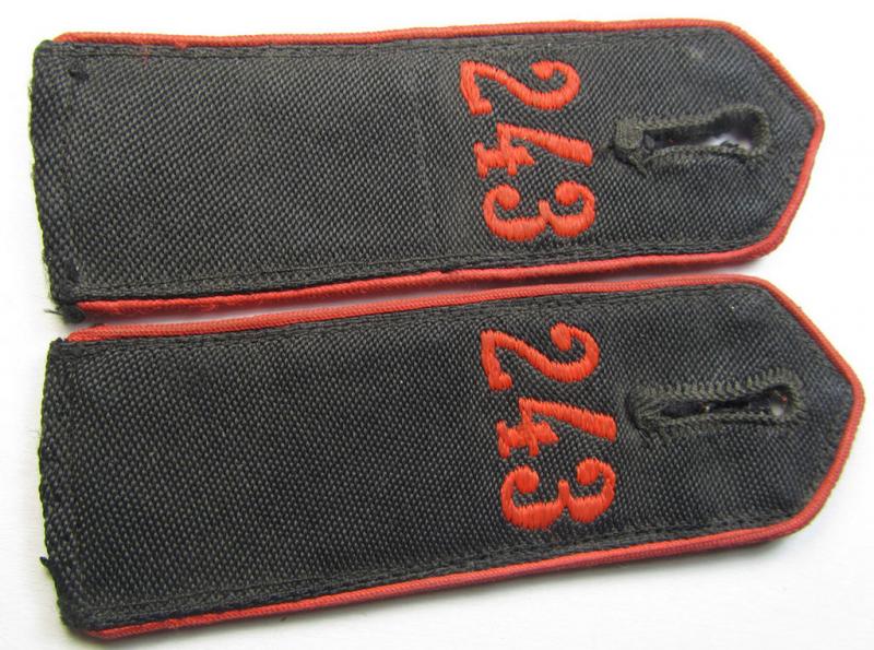Moderately worn - and fully matching! - pair of bright-red-piped so-called: 'Allgemeine-HJ'-shoulderstraps as was intended for a: 'Hitlerjunge' who served within the 'Bann 243' (243 = 'Bann Wied' situated in the 'Gebiet West-Westmark')