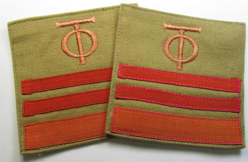 Attractive - fully matching and actually scarcely seen! - pair of OT- (ie.: 'Organisation Todt'-) related golden-brown-coloured, enlisted-mens'- (ie. NCO-) pattern rank-patches (ie. 'OT-Dienstgraden-Abzeichen')