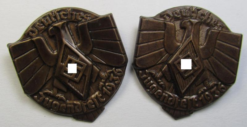 Attractive - and simply never used! - HJ- (Hitlerjugend-) related day-badge (ie. 'tinnie' or: 'Veranstaltungsabzeichen') as was issued to commemorate participation in a HJ-related gathering ie. rally named: 'Jugendfest 1936'