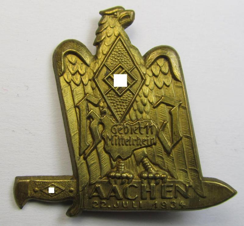 Superb - and scarcely encountered! - HJ- (Hitlerjugend-) related day-badge (ie. 'tinnie' or: 'Veranstaltungsabzeichen') as was issued to commemorate a HJ-related gathering ie. rally named: 'Gebiet 11 Mittelrhein - Aachen - 22. Juli 1934'