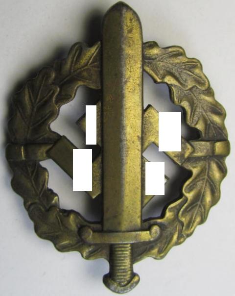 Moderately used, early- (ie. mid-) war period example of an: 'SA-Sportabzeichen in Bronze' being a nicely maker- (ie. 'W. Redo - Saarlautern'-) marked example that is  void of an an impressed bearers'-number
