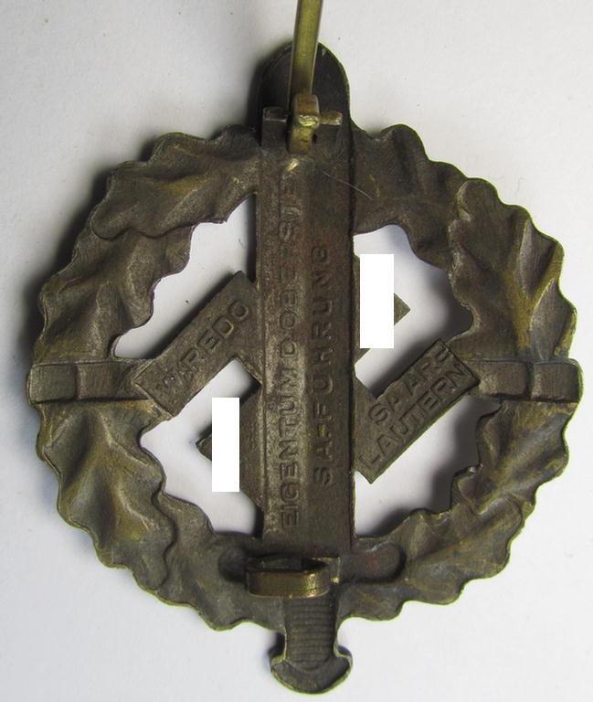 Moderately used, early- (ie. mid-) war period example of an: 'SA-Sportabzeichen in Bronze' being a nicely maker- (ie. 'W. Redo - Saarlautern'-) marked example that is  void of an an impressed bearers'-number