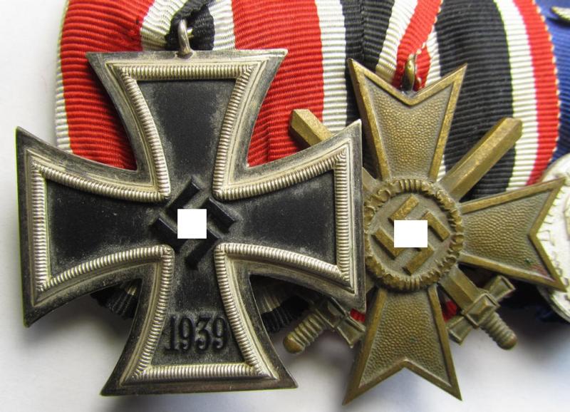 Superb, 4-pieced WH (Luftwaffe) medal-bar (ie. 'Ordenspange') showing resp. an: 'EKII. Kl.', a: 'KvKII.Kl. m. Schwn.', a: 'WH-DA der 4. Stufe' (with attached eagle-device) and a: Czech 'Anschluss'-medal
