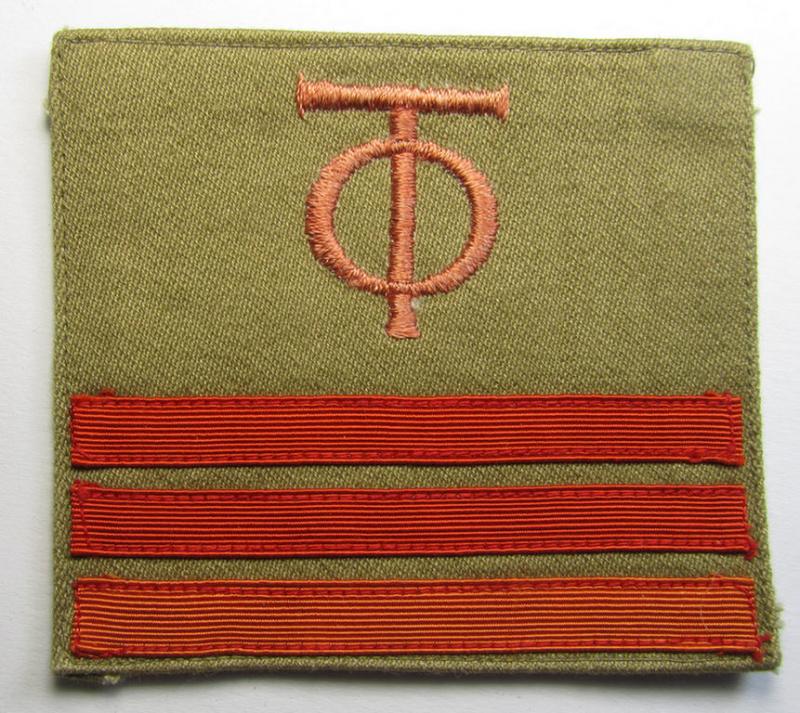 Attractive - and actually scarcely seen! - single example of an OT- (ie.: 'Organisation Todt'-) related golden-brown-coloured, enlisted-mens'- (ie. NCO-) pattern rank-patch (ie. 'OT-Dienstgraden-Abzeichen')