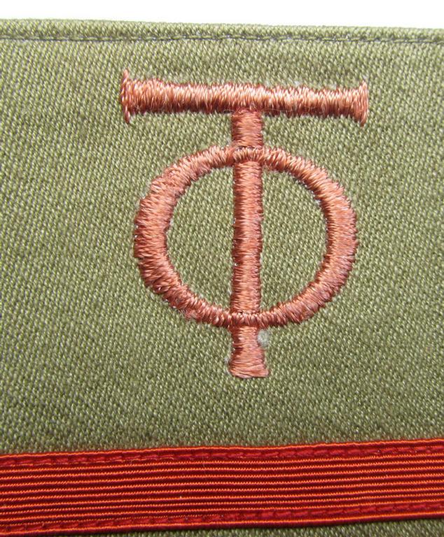 Attractive - and actually scarcely seen! - single example of an OT- (ie.: 'Organisation Todt'-) related golden-brown-coloured, enlisted-mens'- (ie. NCO-) pattern rank-patch (ie. 'OT-Dienstgraden-Abzeichen')