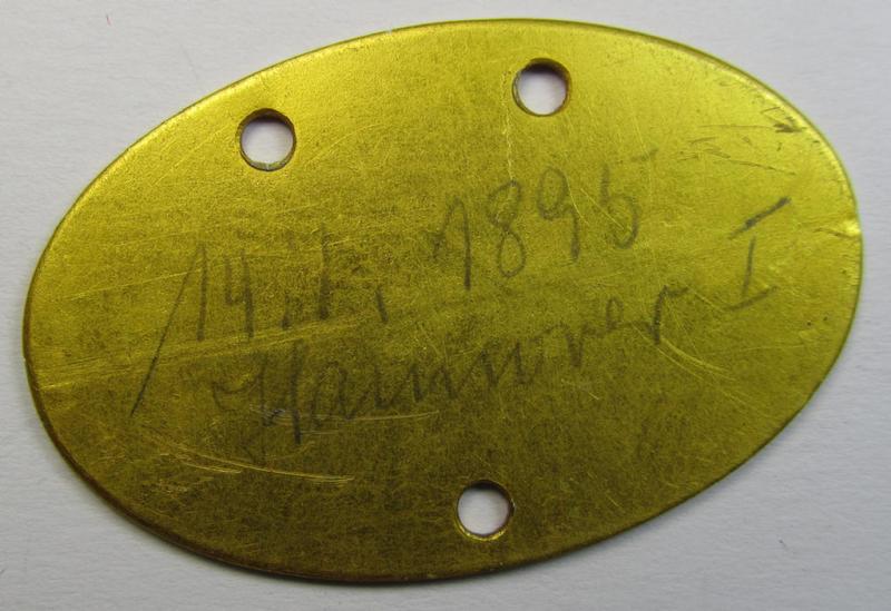 Unusual - I deem early-war-period- and/or: typical bright-golden-toned and aluminium-based - so-called: WH (Kriegsmarine) ID-disc bearing the stamped bearers'-name and/or function ie. unit-designation that simply reads: 'Erwin Sehling - N 41397 MS'