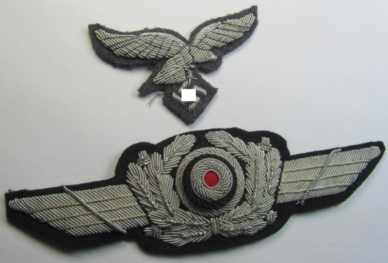 Stunning, WH (Luftwaffe) officers'-pattern, visor-cap-eagle/cocarde-set (ie. 'Effektensatz für Offiziers-Schirmmütze') comprising of two neatly hand-embroidered examples