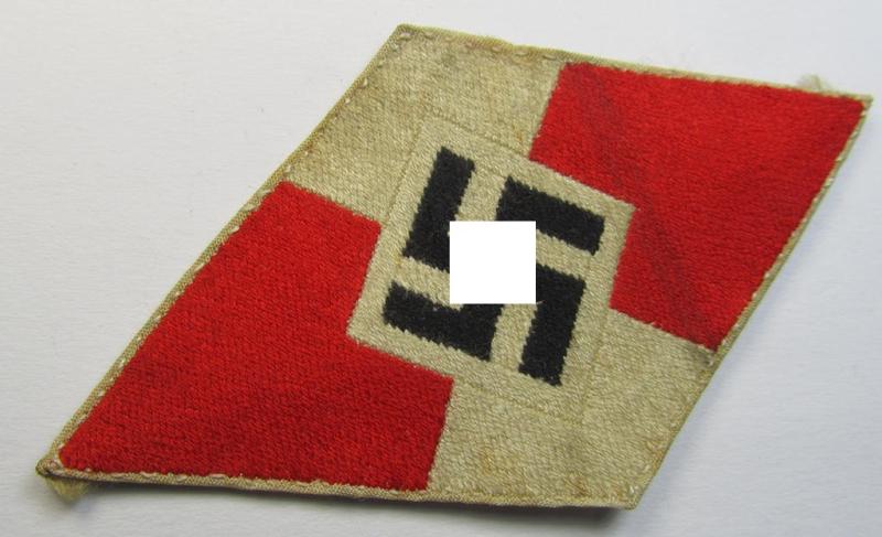'Standard-issue'-pattern, 'Hitlerjugend'- ie. 'Bund Deutsche Mädel (HJ/BDM) so-called: 'Ärmelraute' as was executed in so-called 'BeVo'-weave pattern (being a moderately used- ie. worn example)