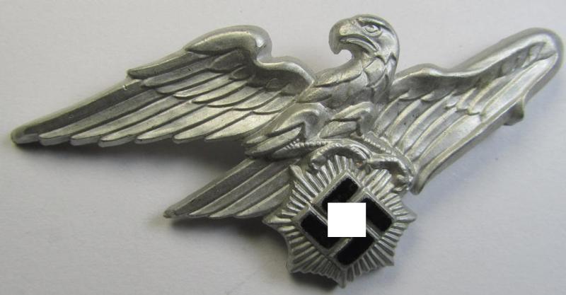 Attractive - and scarcely encountered! - officers'- (ie. evt. NCO-) pattern, aluminium-based so-called: 'Luftschutz' (ie. RLB-) visor-cap eagle being a maker- (ie. 'HA'-) marked example as was produced by the 'H. Aurich'-company