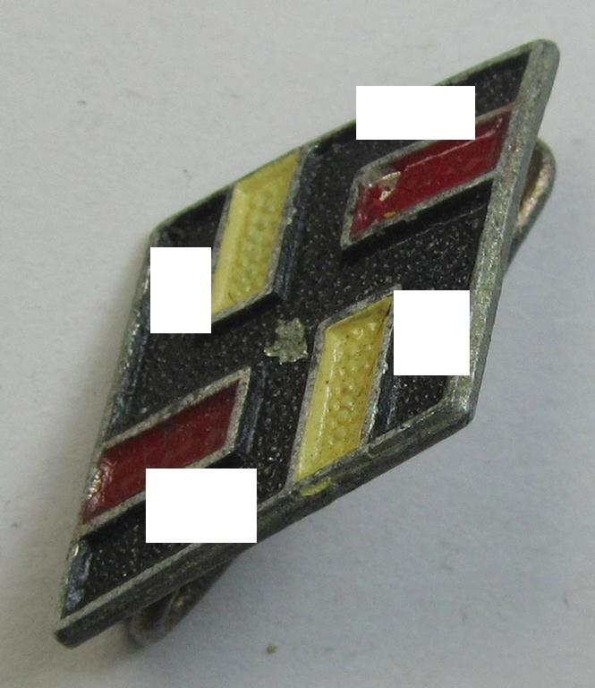 Attractive - and I deem later-war-period! - 'NS-Studentenbund' lapel-pin (ie.: 'Raute') being a bright-red-, black- and white-coloured- and/or aluminium-based- (ie. painted!) example