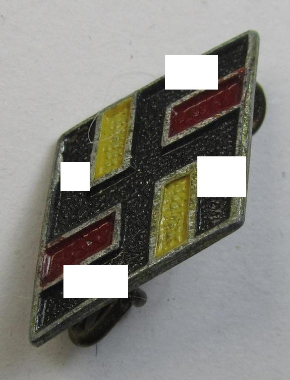 Attractive - and I deem later-war-period! - 'NS-Studentenbund' lapel-pin (ie.: 'Raute') being a bright-red-, black- and white-coloured- and/or aluminium-based- (ie. painted!) example