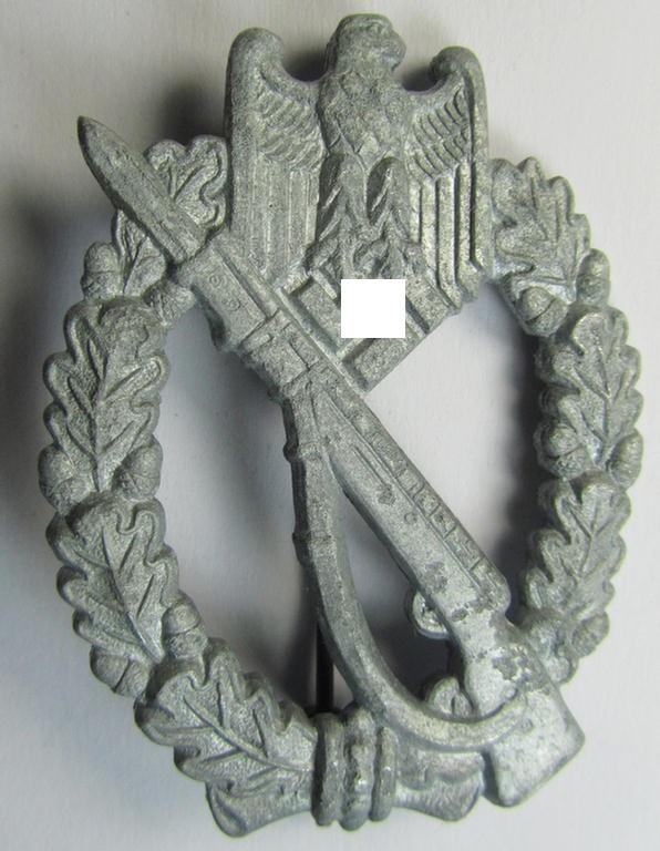 Attractive, 'Infanterie-Sturmabzeichen in Silber' (or: silver-class infantry-assault badge ie. IAB) being a non-maker-marked (zinc-based) so-called: 'four-rivet'-pattern example as was produced by a to date still unidentified maker