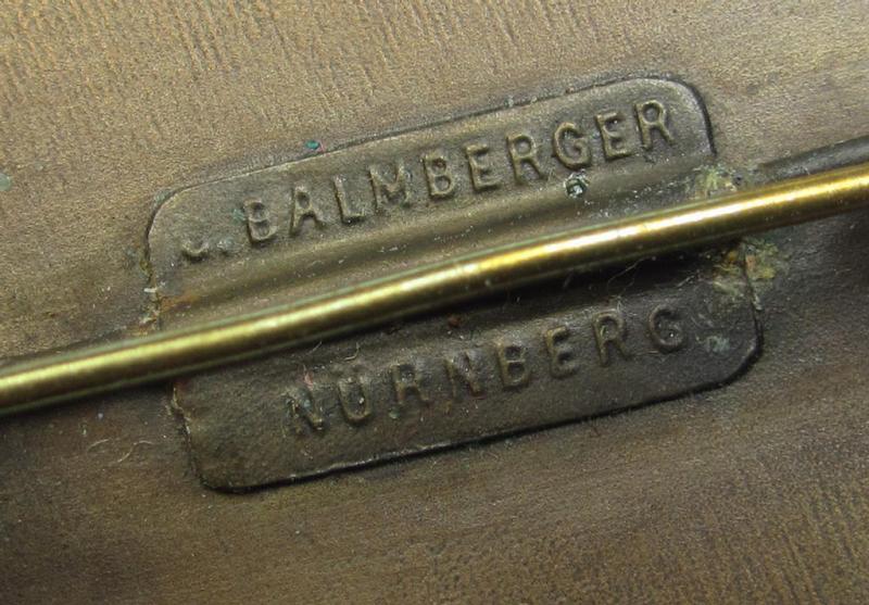 Superb - and luxuriously styled! - N.S.D.A.P.-related 'tinnie' (ie. 'Tagungs- o. Veranstaltungsabzeichen'-) being a maker- (ie. 'C. Balmberger'-) marked- and bronze-toned example showing the text: 'N.S.D.A.P. Reichsparteitag - Nürnberg 1933'