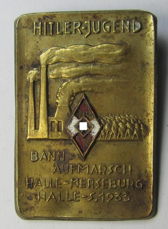 Superb - and rarely found! - HJ- (ie.'Hitlerjugend'-) related day-badge (ie. 'tinnie' or: 'Veranstaltungsabzeichen') as was issued to commemorate a HJ-related gathering named: 'Bann Aufmarsch - Halle Merseburg - Halle-S. - 1933'