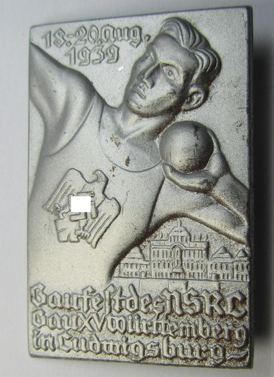 Commemorative, typical zinc- (ie. tin-) based- and/or: silver-coloured, NSRL-related 'tinnie' being a non-maker-marked example bearing the text: 'Gaufest des NSRL - Gau XV - Württemberg in Ludwigsburg - 18.-20. Aug 1939'