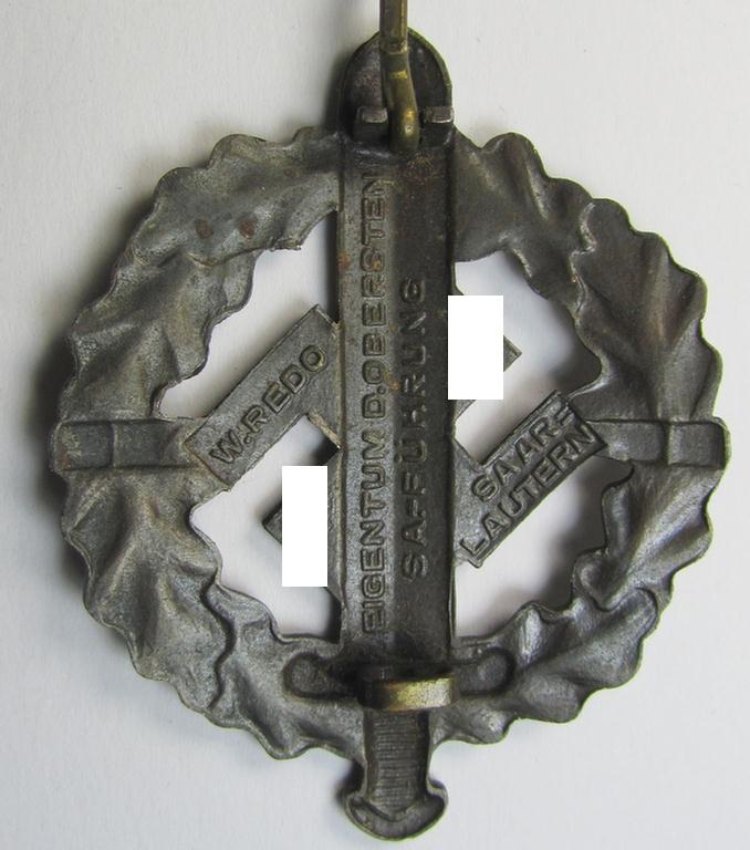 Neat - and just minimally used! - early- (ie. mid-) war period example of an: 'SA-Sportabzeichen in Bronze' being a nicely maker- (ie. 'W. Redo - Saarlautern'-) marked example that is void of an an impressed bearers'-number