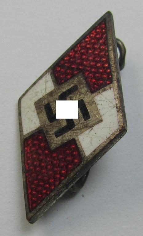 Attractive, HJ (ie. 'Hitlerjugend') enamelled lapel-pin (ie.: 'Raute') being a bright-red-coloured- and/or truly detailed - and untouched! - example showing an: 'RzM - M1/102'-makers'-designation on its back