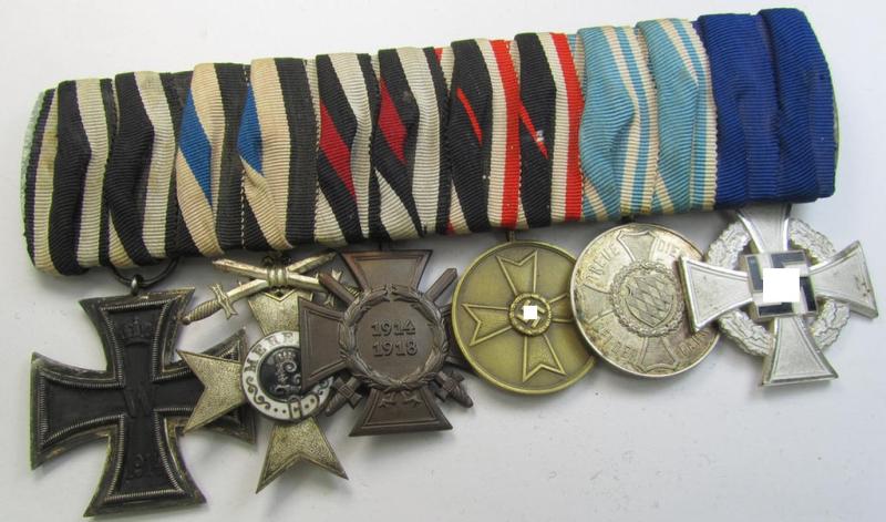 Attractive, 6-pieced WWI/TR-'Bayern'-related medal-bar (ie. 'Ordenspange') resp. depicting an: 'EK II. Kl.', a: 'Bayr. MVK 2.Kl. m. S.', a: 'FKK 1914-18 mit S.', a: 'KvK Medaille 1939', a: 'Bayr. DA 3.Kl.' and a: 'TD Ez. der 2. K.'