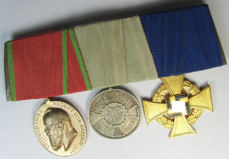 Attractive, 3-pieced 'Bayern'- (ie. TR-) related medal-bar (ie. 'Ordenspange') resp. depicting a WWI-period: 'Bayr. Jubiläumsmedaille für die Armee 1905', a: Bayr. DA 3.Kl. 1913' and a TR-period: 'TD-Ez. der 1.Kl.'