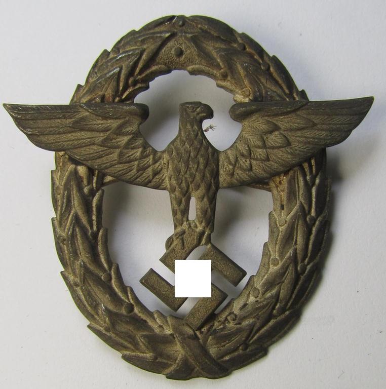 Attractive - and typical aluminium-based - 'Polizei'- (ie. police) cap-badge being a silverish-grey-coloured, '1937'-dated and/or: 'Ges.Gesch.'-marked example depicting the text: 'Landwacht'