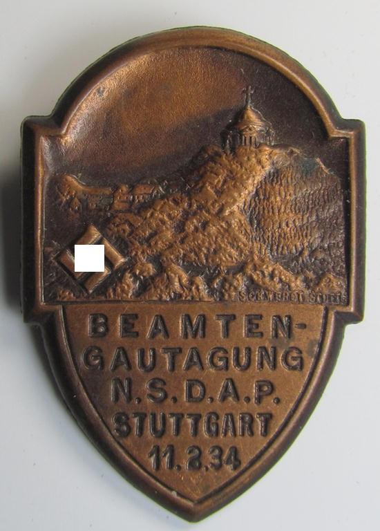 Fairly early-period, zinc-based- ie. copper-toned, N.S.D.A.P.-related day-badge (ie. 'tinnie') as was issued to commemorate an: 'N.S.D.A.P.'-gathering entitled: 'Beambten-Gautagung N.S.D.A.P. - Stuttgart - 11.2.34'