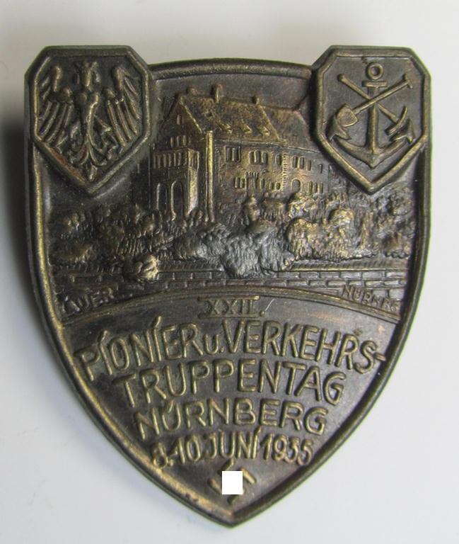 Silverish-golden-toned, (I deem) N.S.K.O.V.-related day-badge (ie. 'tinnie') as was issued to commemorate a gathering entitled: 'Pionier u. Verkehrstruppentag - Nürnberg - 8.-10. Juni 1935'