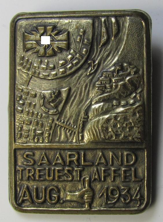 Silverish-golden-toned, (I deem) N.S.D.A.P.-related- (and fairly early-period) day-badge (ie. 'tinnie') as was issued to commemorate a gathering entitled: 'Saarland Treuestaffel - Aug. 1934'