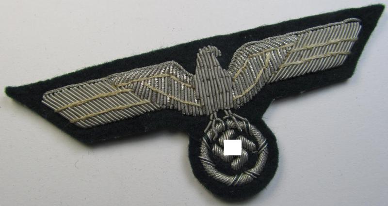 Superb - and I deem issued but never used! - WH (Heeres) officers'-type, hand-embroidered breast-eagle (ie. 'Brustadler für Offz.') as was executed in bright-silverish-coloured braid as was intended for usage on the various officers'-pattern tunics