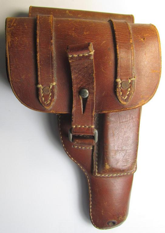 Superb, WH (Luftwaffe) light-brown-coloured- and/or genuine leather-based so-called: 'Pistole 37 - Ung.'-soft-shell holster (being a maker- ie. 3-digit-code- 'JSD'-) marked and/or: '1942'-dated example)