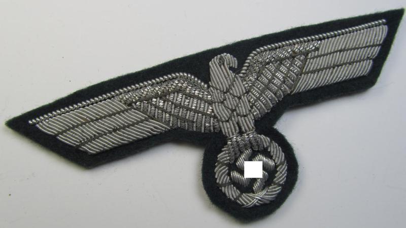 Superb - and I deem issued but never used! - WH (Heeres) officers'-type, hand-embroidered breast-eagle (ie. 'Brustadler für Offz.') as was executed in bright-silverish-coloured braid as was intended for usage on the various officers'-pattern tunics