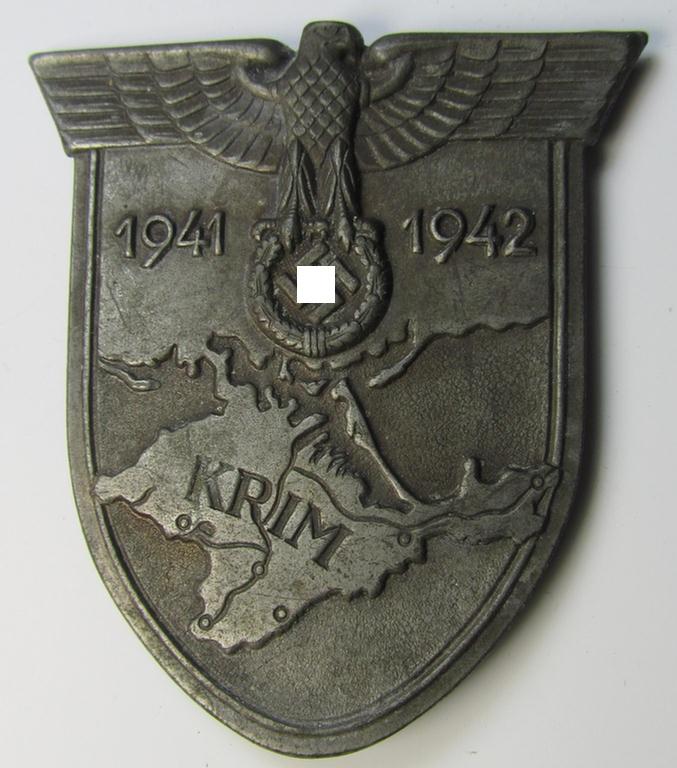 Attractive - albeit incomplete - WH (Heeres ie. Waffen-SS) 'Krim'-campaign-shield (as was produced by a - by me - unidentified maker) and that comes in a presumably issued albeit still 'virtually mint', condition