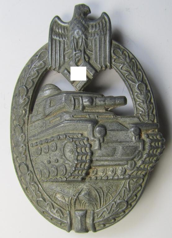 Clearly used, 'Panzerkampfabzeichen in Silber' (or: silver-class panzer-assault badge or PAB) being a clearly maker- (ie. 'AS' in a triangle-) marked- and/or typical zinc- (ie. 'Feinzink'-) based specimen as was procuced by a to date unknown maker