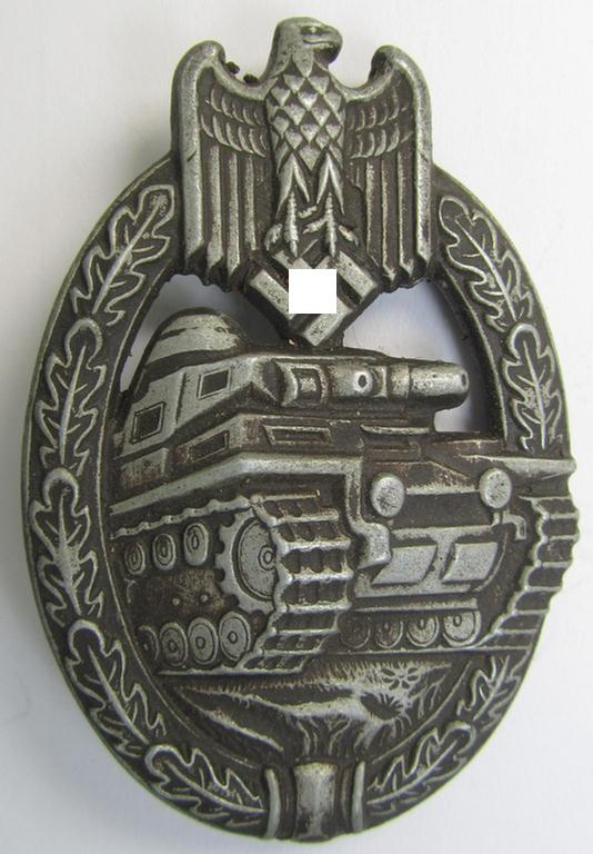 'Panzerkampfabzeichen in Silber' (or: silver-class panzer-assault badge or PAB) being a later-war-period, non-maker-marked- and/or typical zinc- (ie. 'Feinzink'-) based 'Daisy'-specimen as was procuced by the maker: 'Schauerte & Höhfeld'